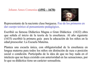 Johann Amos Comenius  (1592 – 1670)   Representante de la naciente clase burguesa.  Fue de los primeros en dar cuerpo teór...