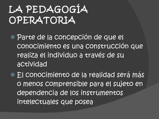 LA PEDAGOGÍA OPERATORIA Parte de la concepción de que el conocimiento es una construcción que realiza el individuo a través de su actividad El conocimiento de la realidad será más o menos comprensible para el sujeto en dependencia de los instrumentos intelectuales que posea 