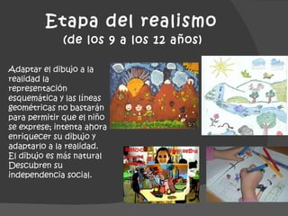 Etapa del realismo  (de los 9 a los 12 años)   Adaptar el dibujo a la realidad la representación esquemática y las líneas geométricas no bastarán para permitir que el niño se exprese; intenta ahora enriquecer su dibujo y adaptarlo a la realidad. El dibujo es más natural Descubren su independencia social. 