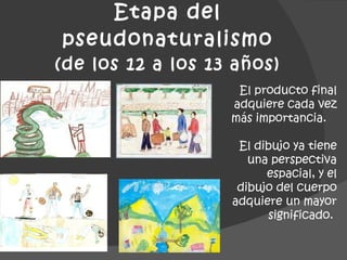 Etapa del pseudonaturalismo (de los 12 a los 13 años) El producto final adquiere cada vez más importancia.  El dibujo ya tiene una perspectiva espacial, y el dibujo del cuerpo adquiere un mayor significado.  