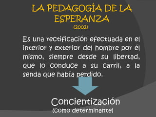 LA PEDAGOGÍA DE LA ESPERANZA Es una rectificación efectuada en el interior y exterior del hombre por él mismo, siempre desde su libertad, que lo conduce a su carril, a la senda que había perdido. (2002) Concientización (como determinante) 