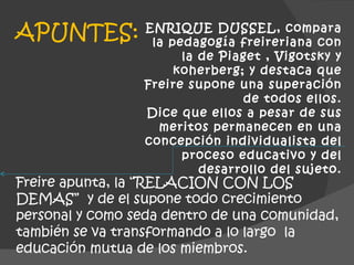 APUNTES: ENRIQUE DUSSEL, compara la pedagogía freireriana con la de Piaget , Vigotsky y koherberg; y destaca que Freire supone una superación de todos ellos. Dice que ellos a pesar de sus meritos permanecen en una concepción individualista del proceso educativo y del desarrollo del sujeto. Freire apunta, la “RELACION CON LOS DEMAS”  y de el supone todo crecimiento personal y como seda dentro de una comunidad, también se va transformando a lo largo  la educación mutua de los miembros. 