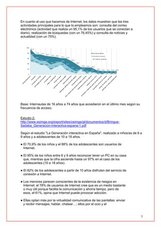3
En cuanto al uso que hacemos de Internet, los datos muestran que las tres
actividades principales para lo que lo empleamos son: consulta del correo
electrónico (actividad que realiza un 95,1% de los usuarios que se conectan a
diario), realización de búsquedas (con un 76,45%) y consulta de noticias y
actualidad (con un 75%).
Base: Internautas de 16 años a 74 años que accedieron en el último mes según su
frecuencia de acceso.
Estudio 2:
http://www.osimga.org/export/sites/osimga/gl/documentos/d/Bringue-
Sadaba_Generacion-interactiva-espana-1.pdf
Según el estudio "La Generación interactiva en España", realizado a niños/as de 6 a
9 años y a adolescentes de 10 a 18 años.
● El 70,9% de los niños y el 88% de los adolescentes son usuarios de
Internet.
● El 95% de los niños entre 6 y 9 años reconocer tener un PC en su casa
que, mientras que la cifra asciende hasta un 97% en el caso de los
adolescentes (10 a 18 años).
● El 82% de los adolescentes a partir de 10 años disfrutan del servicio de
conexión a Internet.
● Los menores parecen conscientes de la existencia de riesgos en
Internet: el 78% de usuarios de Internet cree que es un medio bastante
o muy útil porque facilita la comunicación y ahorra tiempo, pero de
esos, el 61%, opina que Internet puede provocar adicción.
● Ellas optan más por la virtualidad comunicativa de las pantallas: enviar
y recibir mensajes, hablar, chatear…; ellos por el ocio y el
 