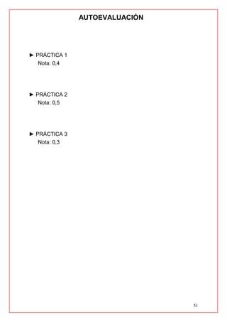 51
AUTOEVALUACIÓN
► PRÁCTICA 1
Nota: 0,4
► PRÁCTICA 2
Nota: 0,5
► PRÁCTICA 3
Nota: 0,3
 