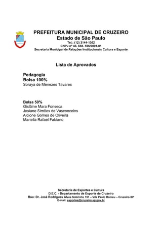 PREFEITURA MUNICIPAL DE CRUZEIRO
Estado de São Paulo
Tel.: (12) 3144-1362
CNPJ nº 46. 668. 596/0001-01
Secretaria Municipal de Relações Institucionais Cultura e Esporte
Lista de Aprovados
Pedagogia
Bolsa 100%
Soraya de Menezes Tavares
Bolsa 50%
Gislâine Mara Fonseca
Josiane Simões de Vasconcelos
Alcione Gomes de Oliveira
Mariella Rafael Fabiano
Secretaria de Esportes e Cultura
D.E.C. - Departamento de Esporte de Cruzeiro
Rua: Dr. José Rodrigues Alves Sobrinho 191 – Vila Paulo Romeu – Cruzeiro-SP
E-mail: esportes@cruzeiro.sp.gov.br
 