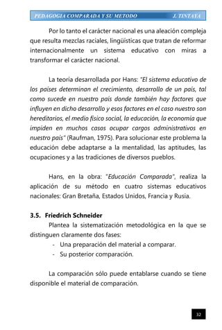 32
PEDAGOGIA COMPARADA Y SU METODO J. TINTAYA
Por lo tanto el carácter nacional es una aleación compleja
que resulta mezclas raciales, lingüísticas que tratan de reformar
internacionalmente un sistema educativo con miras a
transformar el carácter nacional.
La teoría desarrollada por Hans: “El sistema educativo de
los países determinan el crecimiento, desarrollo de un país, tal
como sucede en nuestro país donde también hay factores que
influyen en dicho desarrollo y esos factores en el caso nuestro son
hereditarios, el medio físico social, la educación, la economía que
impiden en muchos casos ocupar cargos administrativos en
nuestro país” (Raufman, 1975). Para solucionar este problema la
educación debe adaptarse a la mentalidad, las aptitudes, las
ocupaciones y a las tradiciones de diversos pueblos.
Hans, en la obra: “Educación Comparada”, realiza la
aplicación de su método en cuatro sistemas educativos
nacionales: Gran Bretaña, Estados Unidos, Francia y Rusia.
3.5. Friedrich Schneider
Plantea la sistematización metodológica en la que se
distinguen claramente dos fases:
- Una preparación del material a comparar.
- Su posterior comparación.
La comparación sólo puede entablarse cuando se tiene
disponible el material de comparación.
 