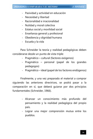 34
PEDAGOGIA COMPARADA Y SU METODO J. TINTAYA
- Pasividad y actividad en educación
- Necesidad y libertad
- Racionalidad e irracionalidad
- Nulidad y moral colectiva
- Estatus social y movilidad social
- Enseñanza general y profesional
- Obediencia y dignidad humana
- Escuela y la vida
Para Schneider la teoría y realidad pedagógicas deben
considerarse desde un punto de vista triple:
- Pragmático – cultural (factores exógenos)
- Pragmático – personal (papel de los grandes
pedagogos)
- Pragmático – ideal (papel de los factores endógenos)
Finalmente, y una vez preparado el material a comprar
siguiendo las anteriores directrices, se podrá pasar a la
comparación en sí, que deberá guiarse por dos principios
fundamentales (Schneider, 1966).
- Alcanzar un conocimiento más profundo del
pensamiento y la realidad pedagógica del propio
país.
- Lograr una mejor comprensión mutua entre los
pueblos.
 
