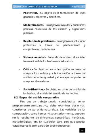 49
PEDAGOGIA COMPARADA Y SU METODO J. TINTAYA
- Positivistas.- Su objeto es la formulación de leyes
generales, objetivas y científicas.
- Modernizadores.- Su objetivo es ayudar y orientar las
políticas educativas de los estados y organismos
públicos.
- Resolución de problemas.- Su objetivo es solucionar
problemas a través del planteamiento y
comprobación de hipótesis.
- Sistema mundial.- Pretende demostrar el carácter
transnacional de los fenómenos educativos.
- Crítica.- Su objeto no es la descripción, es buscar el
apoyo a los cambios y a la innovación, a través del
análisis de la desigualdad y el manejo del poder. se
apoya en el marxismo.
- Socio-Históricas.- Su objeto es pasar del análisis de
los hechos, al análisis del sentido de los hechos.
6.2. Etapas del análisis comparativo
Para que un trabajo pueda considerarse como
propiamente comparativo, debe examinar dos o más
cuestiones de parecida naturaleza. Las variables de la
comparación, como hemos visto anteriormente, pueden
ser la resultante de diferencias geográficas, históricas,
metodológicas, etc. En cualquier caso, para que pueda
establecerse la comparación debe conocerse:
 