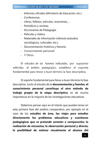 53
PEDAGOGIA COMPARADA Y SU METODO J. TINTAYA
- Informes oficiales (Ministerio de Educación, etc.).
- Conferencias.
- Libros, folletos, artículos, resúmenes, ...
- Periódicos y revistas.
- Diccionarios de Pedagogía.
- Películas y vídeos.
- Materiales de información indirecta (estudios
sociológicos, culturales, etc.).
- Documentación histórica y literaria.
- Conocimiento personal
- Y Otras.
El estudio de las fuentes indicadas, por supuesto
referidas al ámbito pedagógico, establece el soporte
fundamental para llevar a buen término la fase descriptiva.
El soporte fundamental para llevar a buen término la fase
descriptiva. Junto al estudio de la documentación y fuentes, el
conocimiento personal constituye el otro método de
trabajo propio de la etapa descriptiva, es de mucha
importancia en la mayoría de las investigaciones educativas.
Debemos pensar aquí en el interés que pueden tener en
esta primera fase del análisis comparativo, por ejemplo en el
caso de los estudios de área, los viajes para estudiar
directamente los problemas educativos y cuestiones
pedagógicas que se pretende someter a comparación; la
realización de encuestas; la observación personal y directa;
la posibilidad de estimar visualmente el alcance del
 