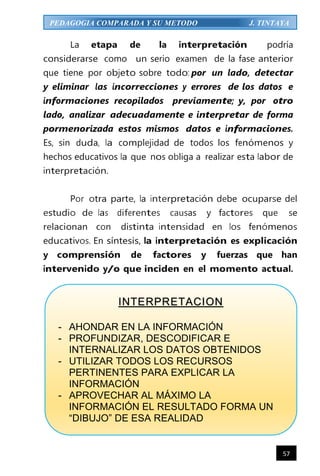 57
PEDAGOGIA COMPARADA Y SU METODO J. TINTAYA
La etapa de la interpretación podría
considerarse como un serio examen de la fase anterior
que tiene por objeto sobre todo: por un lado, detectar
y eliminar las incorrecciones y errores de los datos e
informaciones recopilados previamente; y, por otro
lado, analizar adecuadamente e interpretar de forma
pormenorizada estos mismos datos e informaciones.
Es, sin duda, la complejidad de todos los fenómenos y
hechos educativos la que nos obliga a realizar esta labor de
interpretación.
Por otra parte, la interpretación debe ocuparse del
estudio de las diferentes causas y factores que se
relacionan con distinta intensidad en los fenómenos
educativos. En síntesis, la interpretación es explicación
y comprensión de factores y fuerzas que han
intervenido y/o que inciden en el momento actual.
INTERPRETACION
- AHONDAR EN LA INFORMACIÓN
- PROFUNDIZAR, DESCODIFICAR E
INTERNALIZAR LOS DATOS OBTENIDOS
- UTILIZAR TODOS LOS RECURSOS
PERTINENTES PARA EXPLICAR LA
INFORMACIÓN
- APROVECHAR AL MÁXIMO LA
INFORMACIÓN EL RESULTADO FORMA UN
“DIBUJO” DE ESA REALIDAD
 