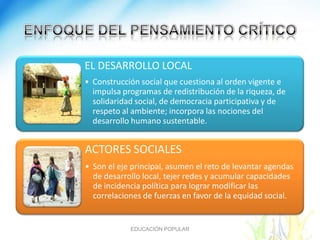 EL DESARROLLO LOCAL
• Construcción social que cuestiona al orden vigente e
  impulsa programas de redistribución de la riqueza, de
  solidaridad social, de democracia participativa y de
  respeto al ambiente; incorpora las nociones del
  desarrollo humano sustentable.


ACTORES SOCIALES
• Son el eje principal, asumen el reto de levantar agendas
  de desarrollo local, tejer redes y acumular capacidades
  de incidencia política para lograr modificar las
  correlaciones de fuerzas en favor de la equidad social.


            EDUCACIÓN POPULAR
 