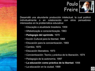 Desarrolló una abundante producción intelectual, la cual publicó
individualmente o en colaboración con otros pensadores
interesados en la problemática educativa:
• Educação e atualidade brasileira. 1959
• Alfabetização e conscientização. 1963
• Pedagogía del oprimido. 1970
• Acción Cultural para la libertad. 1968
• Educación para la concientización. 1969
• Cambio. 1970
• Educación liberadora. 1973
• Concientización: Teoría y práctica de la liberación. 1974
• Pedagogía de la autonomía. 1997
• La educación como práctica de la libertad. 1998
• La educación en la ciudad. 1999
Paulo
Freire
Paulo
Freire
 