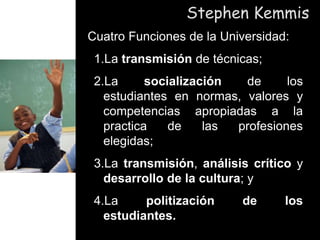 Stephen Kemmis
Cuatro Funciones de la Universidad:
1.La transmisión de técnicas;
2.La socialización de los
estudiantes en normas, valores y
competencias apropiadas a la
practica de las profesiones
elegidas;
3.La transmisión, análisis crítico y
desarrollo de la cultura; y
4.La politización de los
estudiantes.
 