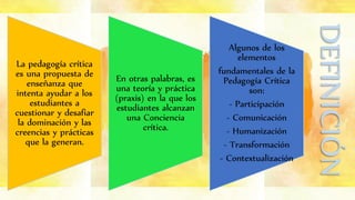 DEFINICIÓN
La pedagogía crítica
es una propuesta de
enseñanza que
intenta ayudar a los
estudiantes a
cuestionar y desafiar
la dominación y las
creencias y prácticas
que la generan.
En otras palabras, es
una teoría y práctica
(praxis) en la que los
estudiantes alcanzan
una Conciencia
crítica.
Algunos de los
elementos
fundamentales de la
Pedagogía Crítica
son:
- Participación
- Comunicación
- Humanización
- Transformación
- Contextualización
 