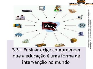 3.3 – Ensinar exige compreender
que a educação é uma forma de
intervenção no mundo
Ensinarexige:Compreenderqueaeducaçãoéumaformade
intervençãono...araqueeducar.blogspot.com
 