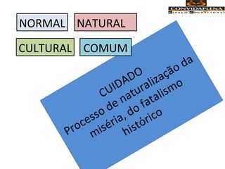 CUIDADO
Processo de naturalização da
miséria, do fatalismo
histórico
NATURALNORMAL
COMUMCULTURAL
 