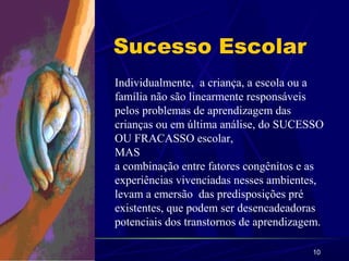 10
Sucesso Escolar
Individualmente, a criança, a escola ou a
família não são linearmente responsáveis
pelos problemas de aprendizagem das
crianças ou em última análise, do SUCESSO
OU FRACASSO escolar,
MAS
a combinação entre fatores congênitos e as
experiências vivenciadas nesses ambientes,
levam a emersão das predisposições pré
existentes, que podem ser desencadeadoras
potenciais dos transtornos de aprendizagem.
 