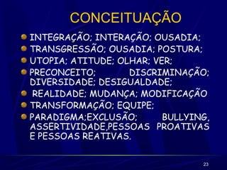 23
CONCEITUAÇÃO
INTEGRAÇÃO; INTERAÇÃO; OUSADIA;
TRANSGRESSÃO; OUSADIA; POSTURA;
UTOPIA; ATITUDE; OLHAR; VER;
PRECONCEITO; DISCRIMINAÇÃO;
DIVERSIDADE; DESIGUALDADE;
REALIDADE; MUDANÇA; MODIFICAÇÃO
TRANSFORMAÇÃO; EQUIPE;
PARADIGMA;EXCLUSÃO; BULLYING,
ASSERTIVIDADE,PESSOAS PROATIVAS
E PESSOAS REATIVAS.
 