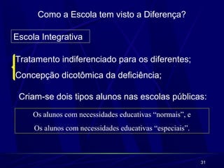 31
Como a Escola tem visto a Diferença?
Escola Integrativa
Tratamento indiferenciado para os diferentes;
Concepção dicotômica da deficiência;
Criam-se dois tipos alunos nas escolas públicas:
Os alunos com necessidades educativas “normais”, e
Os alunos com necessidades educativas “especiais”.
 