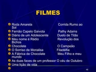 48
FILMES
Roda Amarela Corrida Rumo ao
Sol
Fernão Capelo Gaivota Pathy Adams
Diário de um Adolescente Duelo de Titãs
Meu nome é Rádio Revolução dos
Bichos
Chocolate O Campeão
O Sorriso de Monalisa Filadélfia
A Fábrica de Chocolate Meu Filho e meu
mundo
As duas faces de um professor O céu de Outubro
Uma lição de vida
 