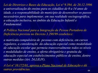 64
Lei de Diretrizes e Bases da Educação, Lei nº 9.394, de 20.12.1996
a universalização do ensino para os cidadãos de 0 a 14 anos de
idade, e a responsabilidade do município de desenvolver os passos
necessários para implementar, em sua realidade sociogeográfica,
a educação inclusiva, no âmbito da Educação Infantil e
Fundamental.
A Política Nacional para a Integração da Pessoa Portadora de
Deficiência prevista no Decreto 3.298/99 estabelece:
a matrícula compulsória de pessoas com deficiência, em cursos
regulares, a consideração da educação especial como modalidade
de educação escolar que permeia transversalmente todos os níveis
e modalidades de ensino, a oferta obrigatória e gratuita da
educação especial em estabelecimentos públicos de ensino, dentre
outras medidas (Art. 24,I,II,IV).
A Lei nº 10.172/01, aprova o Plano Nacional de Educação e dá
outras providências.
 