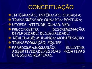 CONCEITUAÇÃO
INTEGRAÇÃO; INTERAÇÃO; OUSADIA;
TRANSGRESSÃO; OUSADIA; POSTURA;
UTOPIA; ATITUDE; OLHAR; VER;
PRECONCEITO;       DISCRIMINAÇÃO;
DIVERSIDADE; DESIGUALDADE;
 REALIDADE; MUDANÇA; MODIFICAÇÃO
TRANSFORMAÇÃO; EQUIPE;
PARADIGMA;EXCLUSÃO;       BULLYING,
ASSERTIVIDADE,PESSOAS PROATIVAS
E PESSOAS REATIVAS.


                                 23
 