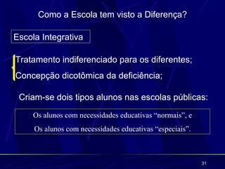 Como a Escola tem visto a Diferença?

Escola Integrativa

Tratamento indiferenciado para os diferentes;
Concepção dicotômica da deficiência;

 Criam-se dois tipos alunos nas escolas públicas:

     Os alunos com necessidades educativas “normais”, e
     Os alunos com necessidades educativas “especiais”.



                                                          31
 