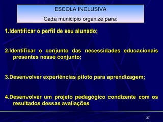 ESCOLA INCLUSIVA
               Cada municipio organize para:

1.Identificar o perfil de seu alunado;


2.Identificar o conjunto das necessidades educacionais
    presentes nesse conjunto;


3.Desenvolver experiências piloto para aprendizagem;


4.Desenvolver um projeto pedagógico condizente com os
   resultados dessas avaliações

                                                       37
 