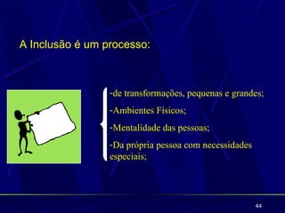 A Inclusão é um processo:



                 -de transformações, pequenas e grandes;
                 -Ambientes Físicos;
                 -Mentalidade das pessoas;
                 -Da própria pessoa com necessidades
                 especiais;




                                                       44
 