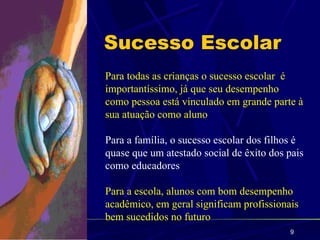 Sucesso Escolar
Para todas as crianças o sucesso escolar é
importantíssimo, já que seu desempenho
como pessoa está vinculado em grande parte à
sua atuação como aluno

Para a família, o sucesso escolar dos filhos é
quase que um atestado social de êxito dos pais
como educadores

Para a escola, alunos com bom desempenho
acadêmico, em geral significam profissionais
bem sucedidos no futuro
                                          9
 