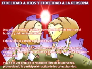 FIDELIDAD A DIOS Y FIDELIDAD A LA PERSONA
Jesucristo constituye la viva y perfecta relación de Dios con el
hombre y del hombre con Dios.
Será auténtica aquella catequesis que:
ayude a percibir la acción de Dios a lo largo de todo el camino
educativo, favoreciendo un clima de escucha, de acción de gracias y
de oración,
y que a la vez propicie la respuesta libre de las personas,
promoviendo la participación activa de los catequizandos.
sábado, 10 de septiembre de
2011
12
 