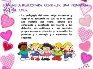 ELEMENETOS BASICOS PARA CONSTRUIR UNA PEDAGOGIA
PARA EL AMOR
 La pedagogía del amor exige reconocer y
aceptar al educando tal cual es y no como
nos gustaría que fuera, porque sólo
conociendo y aceptando sus valores y sus
defectos, sus aptitudes y sus carencias
propenderemos a potenciar y desarrollar los
primeros y a corregir y a enderezar los
segundos.
 