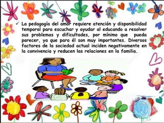  La pedagogía del amor requiere atención y disponibilidad
temporal para escuchar y ayudar al educando a resolver
sus problemas y dificultades, por mínimo que pueda
parecer, ya que para él son muy importantes. Diversos
factores de la sociedad actual inciden negativamente en
la convivencia y reducen las relaciones en la familia.
 
