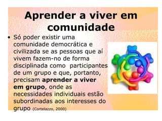Aprender a viver em comunidade Só poder existir uma comunidade democrática e civilizada se as pessoas que aí vivem fazem-no de forma disciplinada como  participantes de um grupo e que, portanto, precisam  aprender a viver em grupo , onde as necessidades individuais estão subordinadas aos interesses do grupo  (Cortelazzo, 2000) 