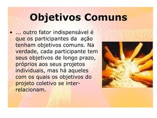 Objetivos Comuns ... outro fator indispensável é que os participantes da  ação tenham objetivos comuns. Na verdade, cada participante tem seus objetivos de longo prazo, próprios aos seus projetos individuais, mas há aqueles com os quais os objetivos do projeto coletivo se inter-relacionam.  