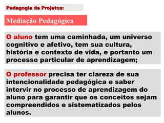 Pedagogia de Projetos: Mediação Pedagógica O aluno  tem uma caminhada, um universo cognitivo e afetivo, tem sua cultura, história e contexto de vida, e portanto um processo particular de aprendizagem; O professor  precisa ter clareza de sua intencionalidade pedagógica e saber intervir no processo de aprendizagem do aluno para garantir que os conceitos sejam compreendidos e sistematizados pelos alunos. 