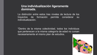 Una individualización ligeramente
dominada.
La distinción entre estos tres niveles de lectura de los
trayectos de formación permite considerar su
individualización.
*Dentro de la misma colectividad, todos los individuos
que pertenecen a la misma categoría de edad no cursan
necesariamente el mismo plan de estudios.
 