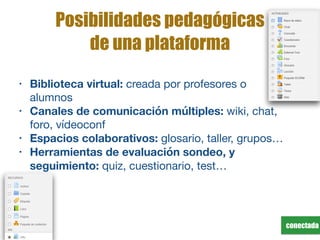 conectada
Posibilidades pedagógicas
de una plataforma
• Biblioteca virtual: creada por profesores o
alumnos

• Canales de comunicación múltiples: wiki, chat,
foro, vídeoconf

• Espacios colaborativos: glosario, taller, grupos…

• Herramientas de evaluación sondeo, y
seguimiento: quiz, cuestionario, test…
 