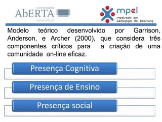 Modelo teórico desenvolvido por Garrison,
Anderson, e Archer (2000), que considera três
componentes críticos para a criação de uma
comunidade on-line eficaz.
Presença Cognitiva
Presença de Ensino
Presença social
 