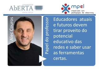 AlecCouros
Papeldoprofessor
Educadores atuais
e futuros devem
tirar proveito do
potencial
educativo das
redes e saber usar
as ferramentas
certas.
 