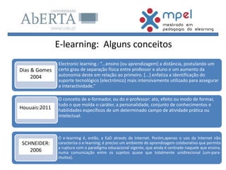 E-learning: Alguns conceitos
Electronic learning.: “...ensino [ou aprendizagem] a distância, postulando um
certo grau de separação física entre professor e aluno e um aumento da
autonomia deste em relação ao primeiro. [...] enfatiza a identificação do
suporte tecnológico [electrónico] mais intensivamente utilizado para assegurar
a interactividade.”
O conceito de e-formador, ou do e-professor: ato, efeito ou modo de formar,
tudo o que molda o caráter, a personalidade, conjunto de conhecimentos e
habilidades específicos de um determinado campo de atividade prática ou
intelectual.
O e-learning é, então, a EaD através da Internet. Porém,apenas o uso da Internet não
caracteriza o e-learning; é preciso um ambiente de aprendizagem colaborativo que permita
a ruptura com o paradigma educacional vigente, que ainda é centrado naquele que ensina,
numa comunicação entre os sujeitos quase que totalmente unidirecional (um-para-
muitos).
Houuais:2011
Dias & Gomes
2004
SCHNEIDER:
2006
 