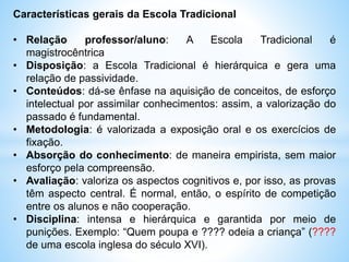 Características gerais da Escola Tradicional
• Relação professor/aluno: A Escola Tradicional é
magistrocêntrica
• Disposição: a Escola Tradicional é hierárquica e gera uma
relação de passividade.
• Conteúdos: dá-se ênfase na aquisição de conceitos, de esforço
intelectual por assimilar conhecimentos: assim, a valorização do
passado é fundamental.
• Metodologia: é valorizada a exposição oral e os exercícios de
fixação.
• Absorção do conhecimento: de maneira empirista, sem maior
esforço pela compreensão.
• Avaliação: valoriza os aspectos cognitivos e, por isso, as provas
têm aspecto central. É normal, então, o espírito de competição
entre os alunos e não cooperação.
• Disciplina: intensa e hierárquica e garantida por meio de
punições. Exemplo: “Quem poupa e ???? odeia a criança” (????
de uma escola inglesa do século XVI).
 
