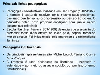 Principais linhas pedagógicas
• Pedagogias não-diretivas: baseada em Carl Roger (1902-1987),
o homem é capaz de resolver por si mesmo seus problemas,
bastando que tenha autocompreensão ou percepção do eu. O
educador, então, deve propiciar condições para que o sujeito
assuma sua existência.
• Escola libertária: Ferrer (1859-1909) defendia que a atuação do
professor fosse mais efetiva no início para, depois, tornar-se
menos diretiva. Foi influenciado pelo anarquismo e racionalismo
iluminista.
Pedagogias institucionais
• Os principais representantes são: Michel Lobrot, Fernand Oury e
Aída Vasquez.
• A proposta é uma pedagogia da liberdade – negando a
autoridade – por meio do aspecto sociológico (por isso o termo
“institucional”).
 