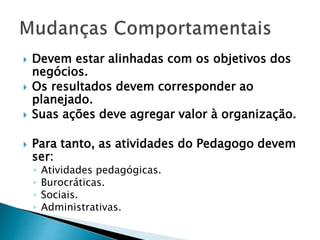  Devem estar alinhadas com os objetivos dos
negócios.
 Os resultados devem corresponder ao
planejado.
 Suas ações deve agregar valor à organização.
 Para tanto, as atividades do Pedagogo devem
ser:
◦ Atividades pedagógicas.
◦ Burocráticas.
◦ Sociais.
◦ Administrativas.
 