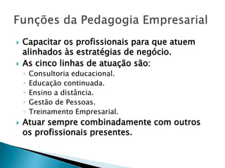  Capacitar os profissionais para que atuem
alinhados às estratégias de negócio.
 As cinco linhas de atuação são:
◦ Consultoria educacional.
◦ Educação continuada.
◦ Ensino a distância.
◦ Gestão de Pessoas.
◦ Treinamento Empresarial.
 Atuar sempre combinadamente com outros
os profissionais presentes.
 