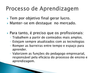  Tem por objetivo final gerar lucro.
 Manter-se em destaque no mercado.
 Para tanto, é preciso que os profissionais:
◦ Trabalhem a partir de conteúdos mais amplos.
◦ Estejam sempre atualizados com as tecnologias
◦ Romper as barreiras entre tempo e espaço para
aprender.
◦ Valorizem as funções do pedagogo empresarial,
responsável pela eficácia do processo de ensino e
aprendizagem.
 