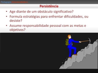 PedagogiaEmpreendedoraAtitudes Empreendedoras:LojaPercepção de  oportunidades: Está sempre ligado (a sua volta, meios comunicação, etc.)Visionário (enxergar tendências, necessidades atuais e futuras)Enxergar OPORTUNIDADE onde os outros só enxergam ameaças, eis a chave do sucesso!Busque ENXERGAR DE FORMA DIFERENTE!Para isto é necessário: PREDISPOSIÇÃO – PERCEPÇÃO -  CRIATIVIDADE 