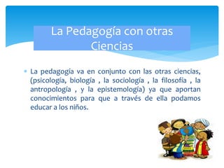  La pedagogía va en conjunto con las otras ciencias,
(psicología, biología , la sociología , la filosofía , la
antropología , y la epistemología) ya que aportan
conocimientos para que a través de ella podamos
educar a los niños.
La Pedagogía con otras
Ciencias
 