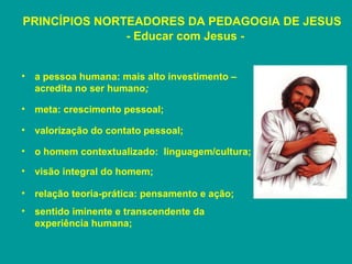 PRINCÍPIOS NORTEADORES DA PEDAGOGIA DE JESUS  - Educar com Jesus - a pessoa humana: mais alto investimento –  acredita no ser humano ; meta: crescimento pessoal; valorização do contato pessoal; o homem contextualizado:  linguagem/cultura; visão integral do homem; relação teoria-prática: pensamento e ação; sentido iminente e transcendente da experiência humana; 