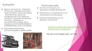 Ilustración
 Época de las luces , originada
en Francia , difunde una nueva
visión científica de la naturaleza
, transforma la cultura de
modernización o los aspectos
científicos y los pone al alcance
de todos , distribuye el
conocimiento a través de la
imprenta .LA FE SE DESVANECE Y
CONTRAPONE LA FE Y LA RAZÓN
 Personajes importantes:
johhanes kepples y galileo galile
Nueva escuela
 Se inicio en Europa y se
expandio a finales del siglo XIX
 Didactismo y competencia en el
autoritarismo y la disciplina
 Interese espontáneos en los
libertad y autonomía
Dar clic en la imagen para ver víde
http://www.slideshare.net/joas1519/evolucion-
historica-de-la-pedagogia
 